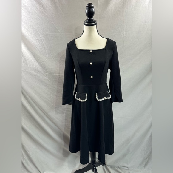 A-Line Pearl Button Square Neck Dress Black - Picture 8 of 11